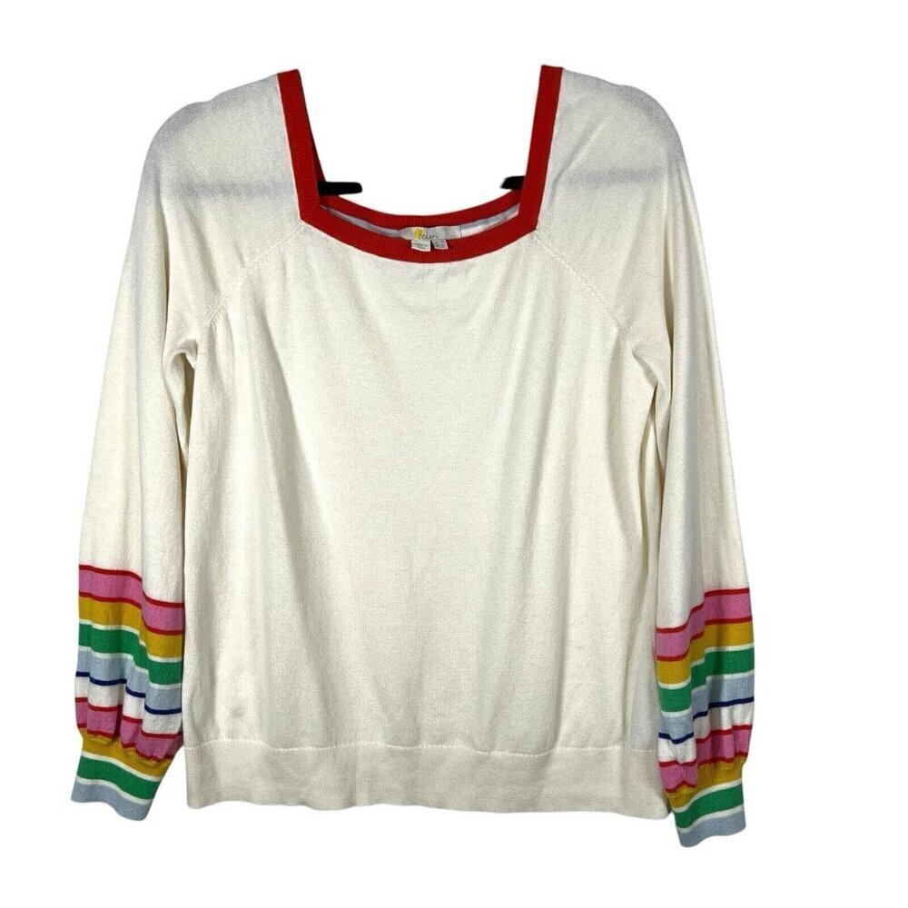 Boden Women’s‎ Sz 8 White Rainbow Stripe Sleeve Square Neck Knit Sweater Wool